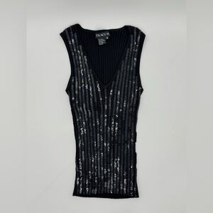 Tracy M Black Sequin Silk Blend V-Neck Women's Top Size M